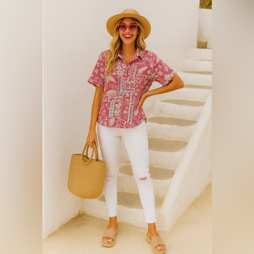 Cotton Tropical Boho Hawaiian Print Button Down Shirt | Floral Palm Island Style - Picture 3 of 10
